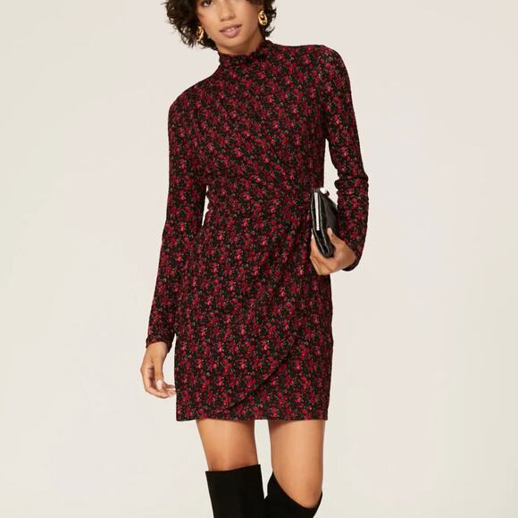 Black Halo Mockneck Rose Floral Mini Dress Size 10 Long Sleeve Designer $375 - Picture 1 of 10